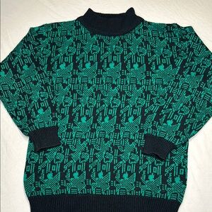 Vintage 80s 90s Sweater Size Med Green & Black uglysweater Cottagecore